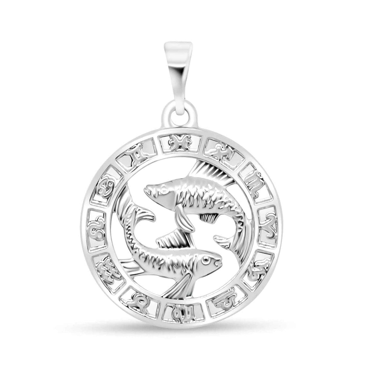 Sidabro atspalvio zodiako pakabukas su dviem plaukiančiomis žuvimis ir zodiako ženklų apvadu