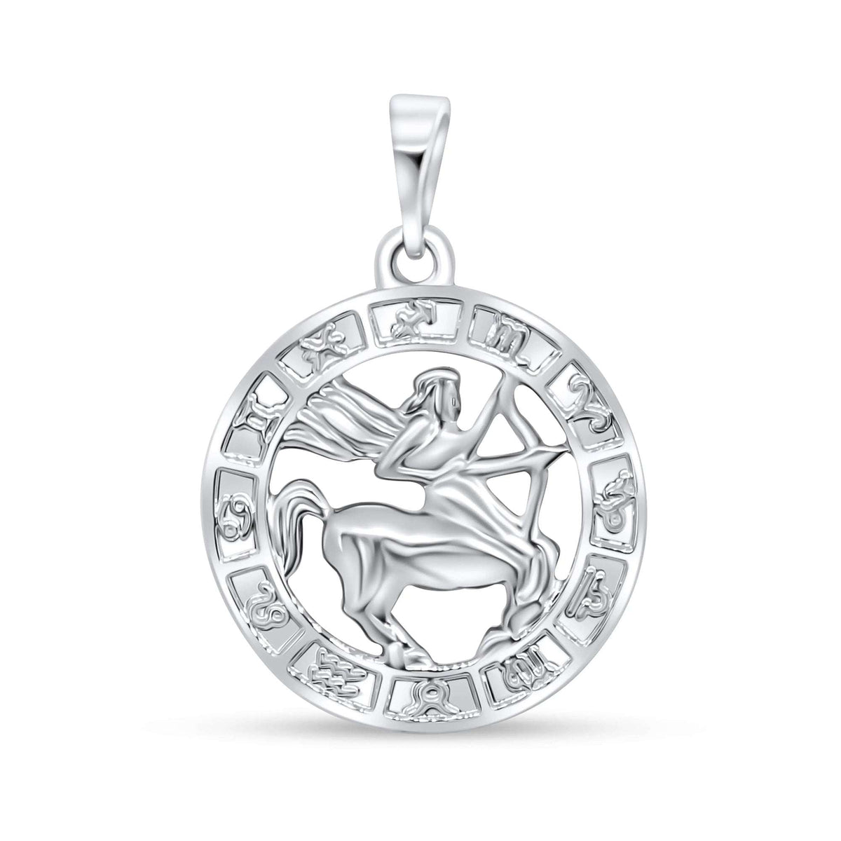 Sidabro atspalvio apvalus pakabukas su Šaulio kentauru ir zodiako simbolių apvadu, platinos danga