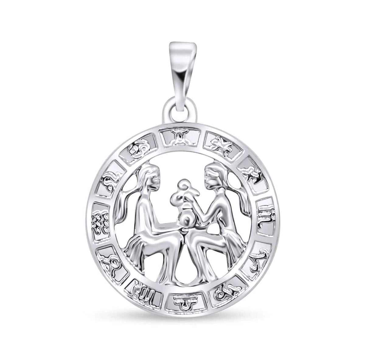 Dvynių zodiako pakabukas su dviem sėdinčiomis figūromis ir platinos atspalvio danga
