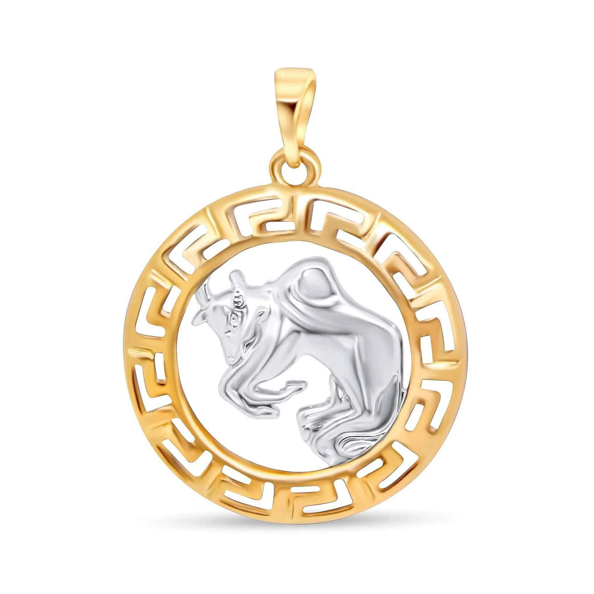 Apvalus zodiako pakabukas su sidabro atspalvio Jaučio figūra paauksuotame meandro rėmelyje