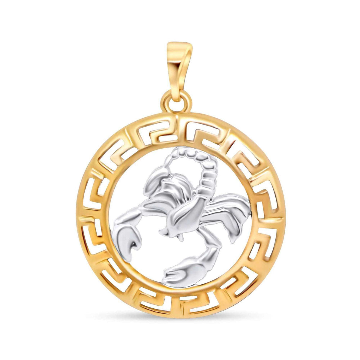 Skorpiono zodiako pakabukas su sidabro atspalvio figūra paauksuotame graikiško rašto rate