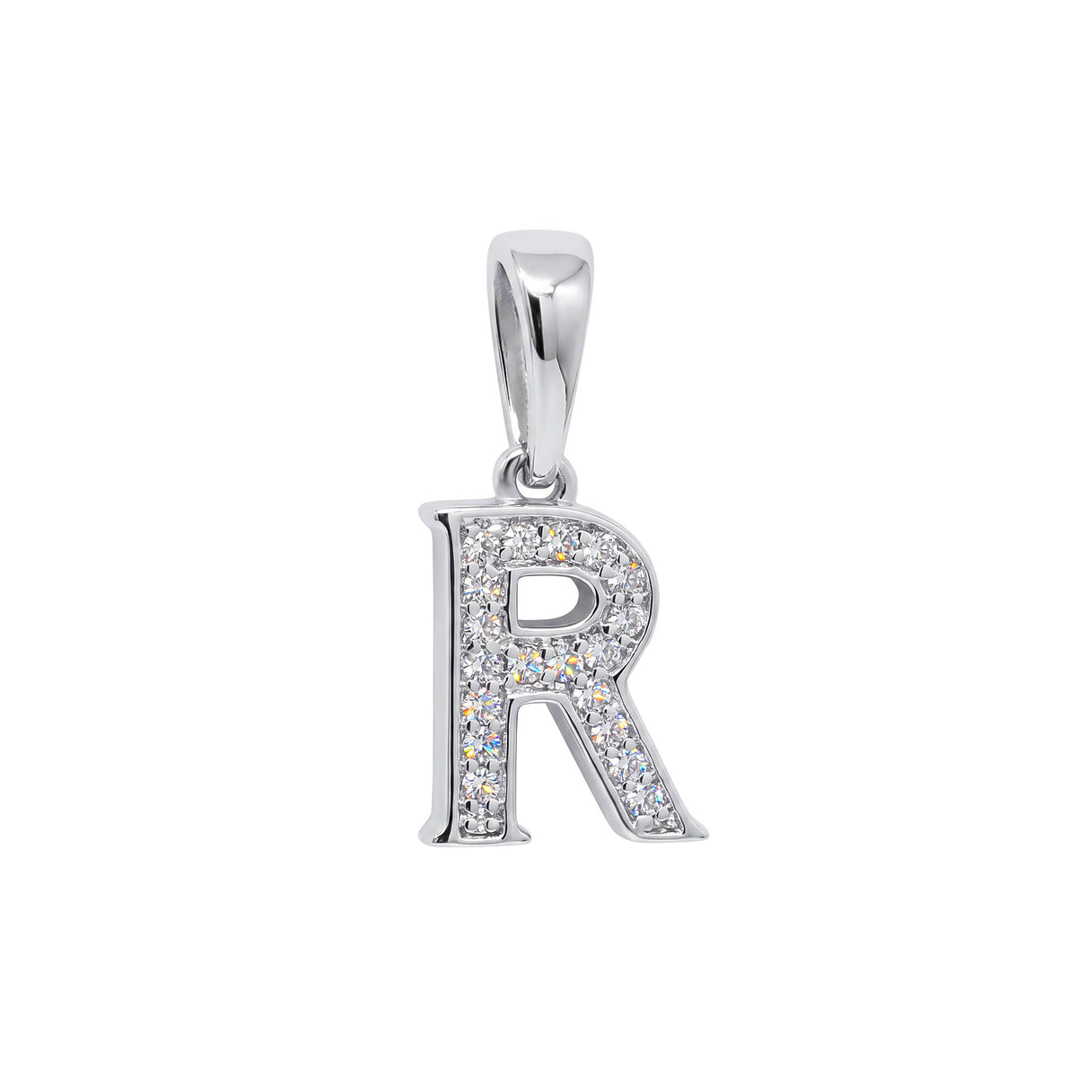 Raidės R pakabukas su platinos danga ir žėrinčiais baltais cirkoniais, personalizuota dovana