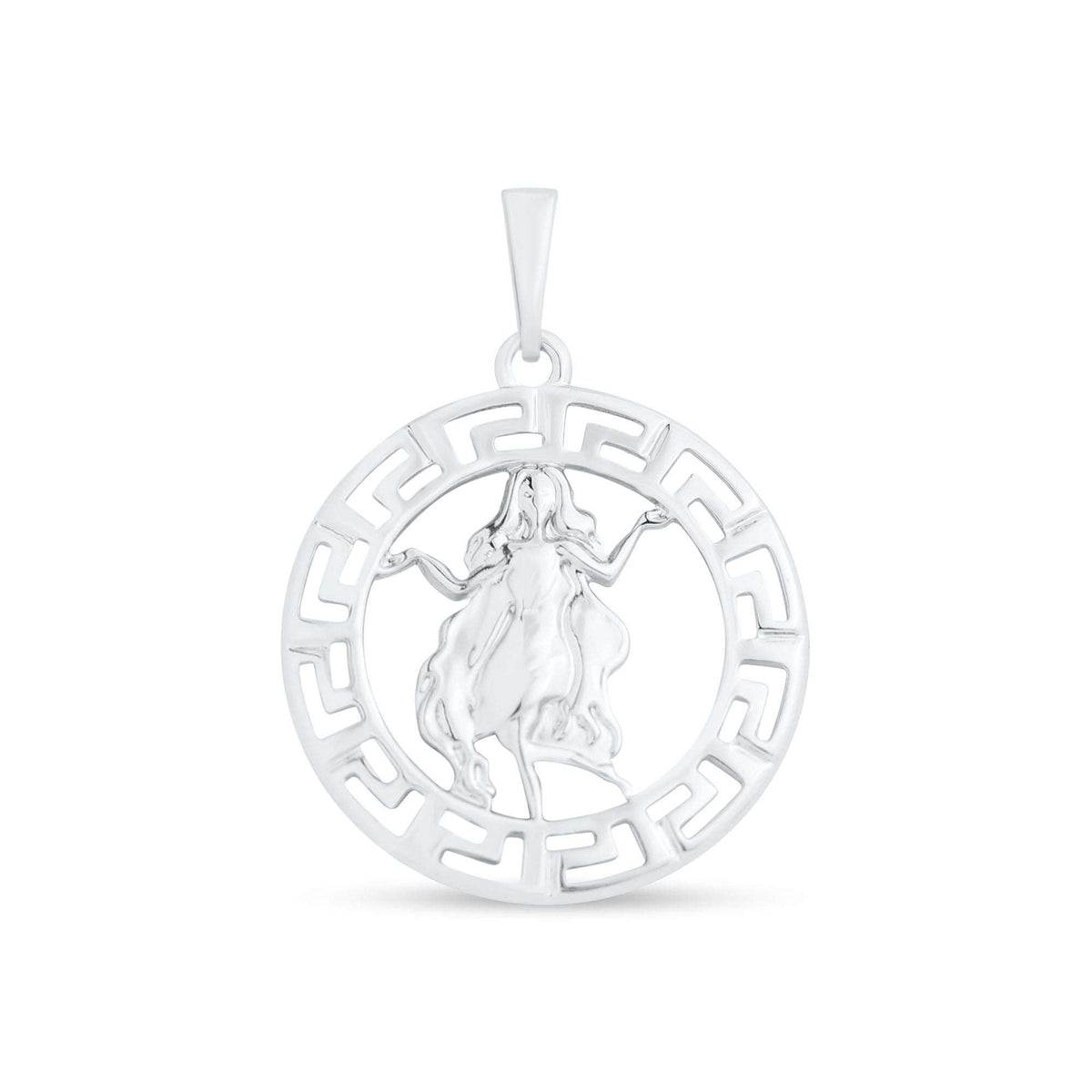 Apvalus zodiako pakabukas su Mergelės figūra graikiško meandro lanke, sidabro tono platinos danga