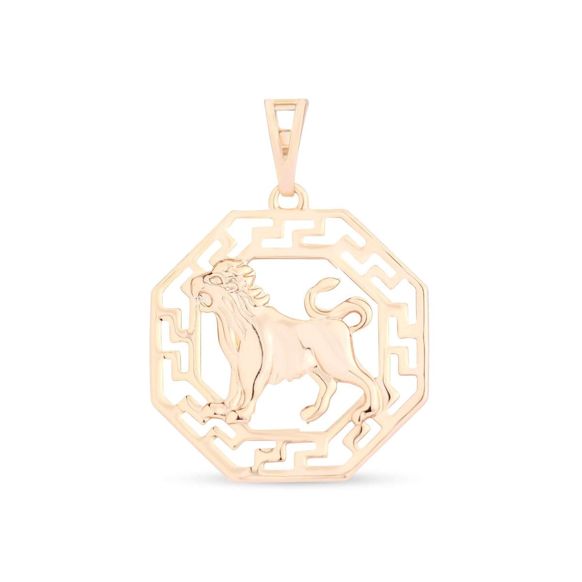 Liūto zodiako pakabukas su išdidžiu liūtu aukso spalvos ažūriniame meandro rėmelyje