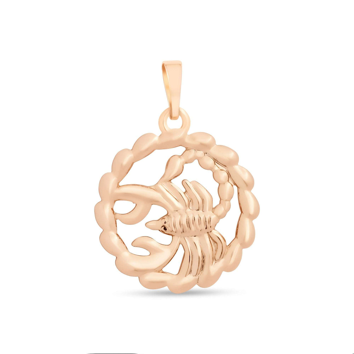 Ažūrinis pakabukas su skorpionu pintame apvaliame rėmelyje, šilta 18K aukso danga, unisex talismanas