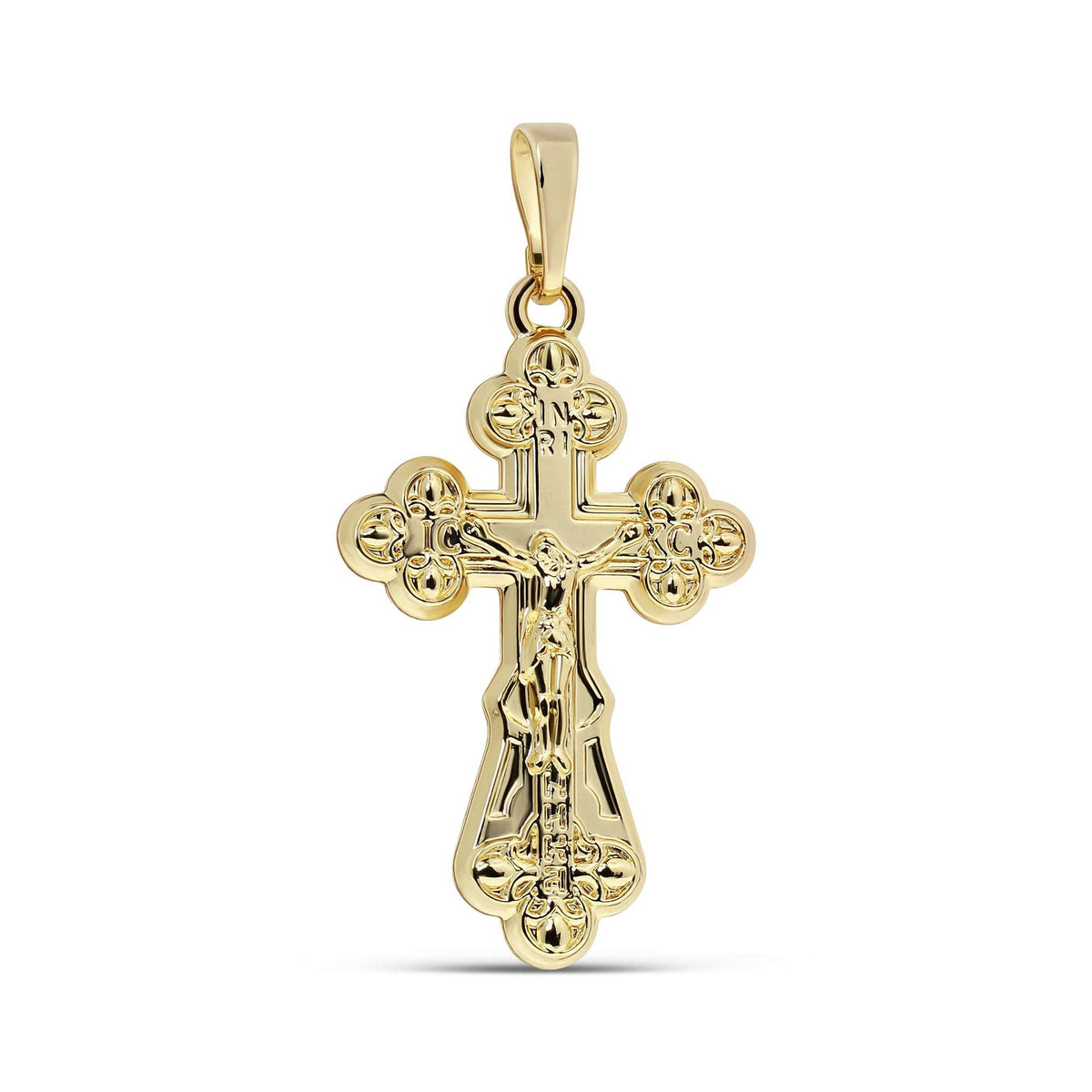 Stačiatikių pakabukas kryžius su Jėzaus atvaizdu ir 14K aukso danga baltame fone