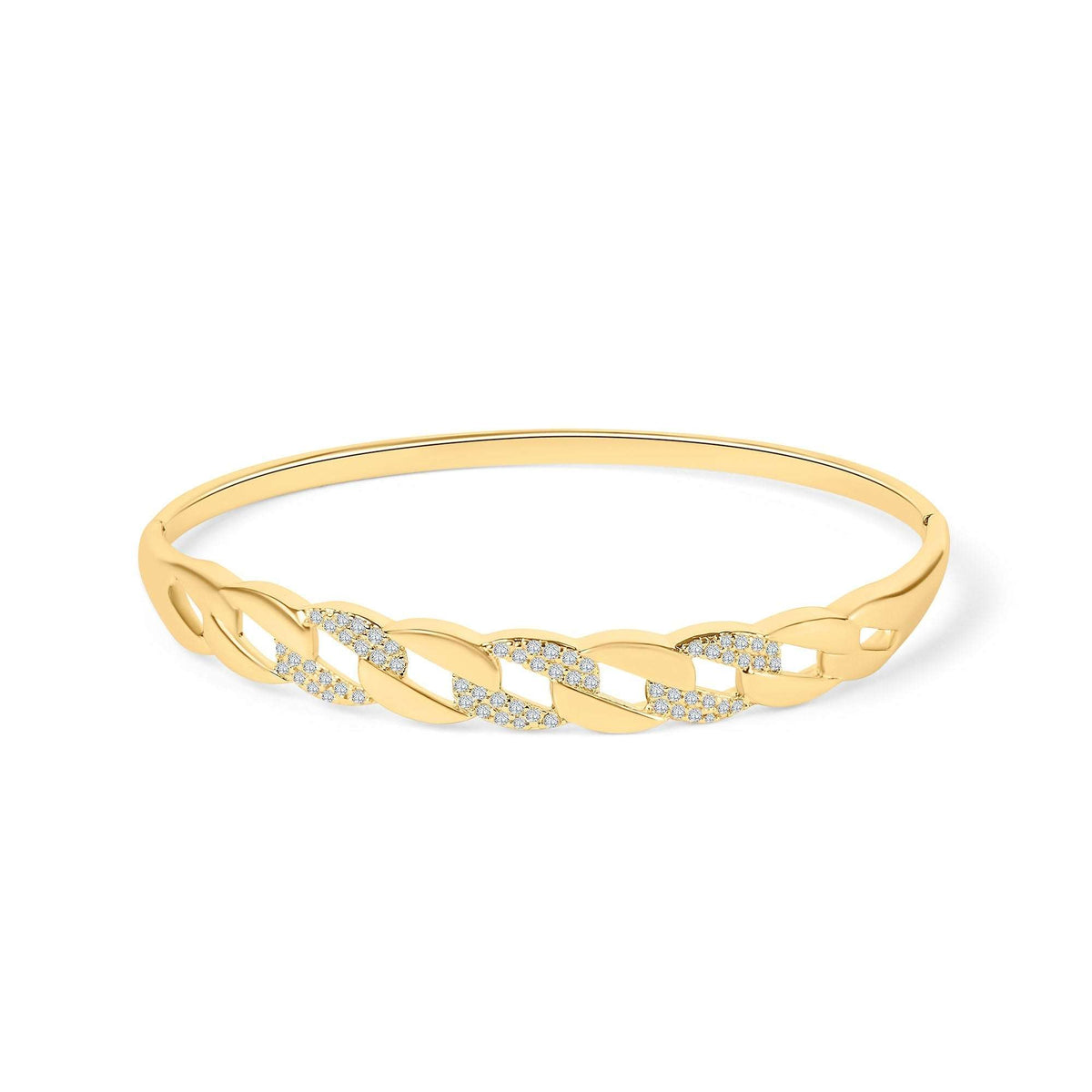 Standi bangle apyrankė su grandinės narelių raštu, dalis narelių nusėta cirkoniais, paauksuota